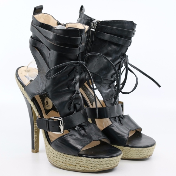 Boutique 9 Shoes - BOUTIQUE 9 BLACK LEATHER & ROPE HIGH HEEL BOOTIE